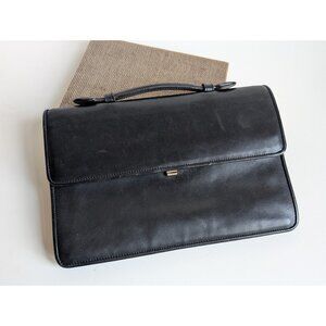 BARNEYS NEWYORK Small Briefcase Classic Black Smooth Leather Document Bag Italy